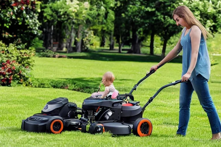 Prompt: lawn mower with a baby stroller attached