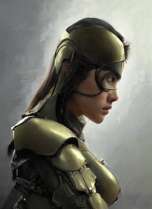 Image similar to a professional painting of a beautiful young female, clothed in military armor, olive skin, long dark hair, beautiful bone structure, symmetrical facial features, intricate, elegant, digital painting, concept art, smooth, sharp focus, illustration, from Metal Gear, by Ruan Jia and Mandy Jurgens and Artgerm and William-Adolphe Bouguerea