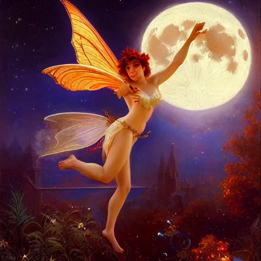 Image similar to attractive fairy magically floating high in the night, fantasy, full moon in background. highly detailed painting by gaston bussiere, craig mullins, j. c. leyendecker, sharp focus, 8 k