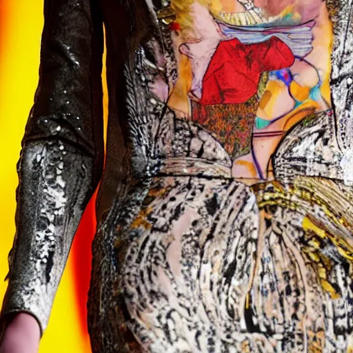Prompt: close up of a fashion model with print of a female body on dress,, in year 3000, catwalk, highly detailed