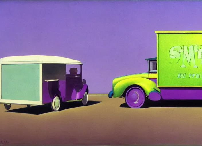 Prompt: a purple and green ice cream van that sells snake oil instead of ice cream, snake oil salesman selling little brown bottles of medicine, snake van, painting by René Magritte, Edward Hopper, 3D rendered