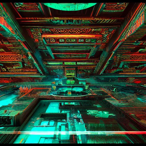 Image similar to Mayan temples merged with cyberpunk futuristic aesthetic 4k highly detailed intricate engravings of esoteric symbols