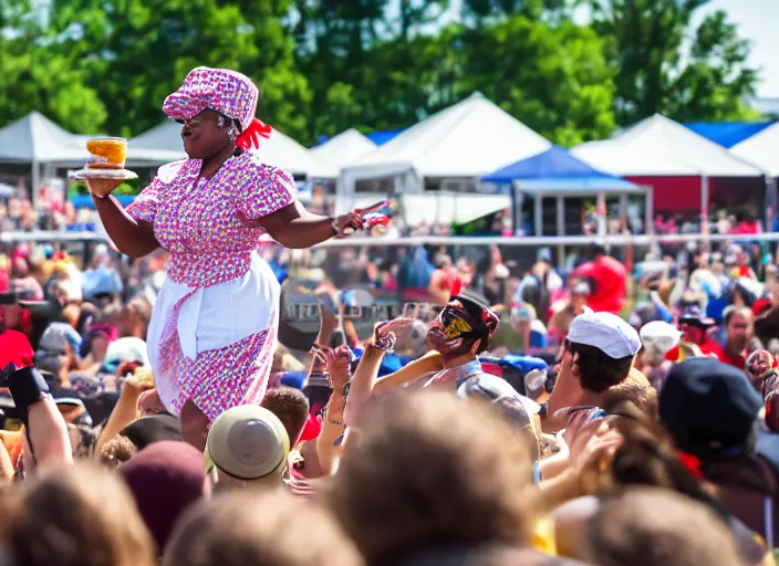 Image similar to photo still of aunt jemima in period attire at vans warped tour!!!!!!!! at age 4 0 years old 4 0 years of age!!!!!!! on stage tossing pancakes into the crowd, 8 k, 8 5 mm f 1. 8, studio lighting, rim light, right side key light