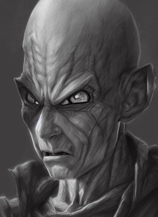 Image similar to realistic portrait pencil sketch of piccolo from dragon ball, old mystic ruins, afternoon, intricate, elegant, highly detailed, digital painting, sharp, focus, by artgerm and greg rutkowski