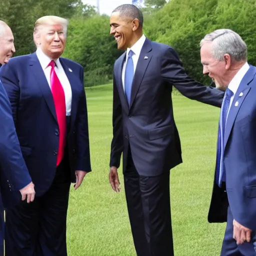Prompt: putin, trump, obama and bush are having a water fight while smiling and having a great time