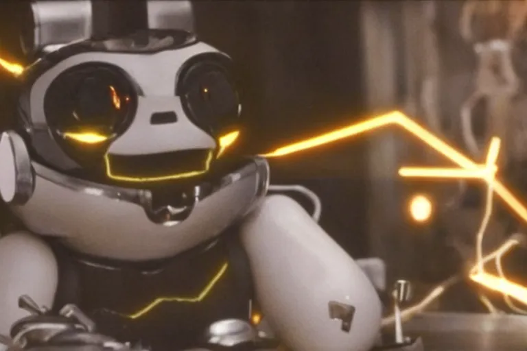 Image similar to Terminator Pikachu scene where his endoskeleton gets exposed and his eye glow read still from the film