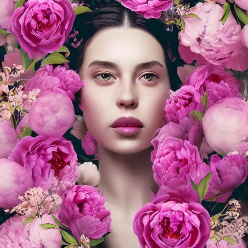 Image similar to highly detailed portrait of the most beautiful woman surrounded by peonies, vaporwave colors, smooth rendering