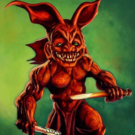 Prompt: painting of goblin with red eyes raging holding rusty sword