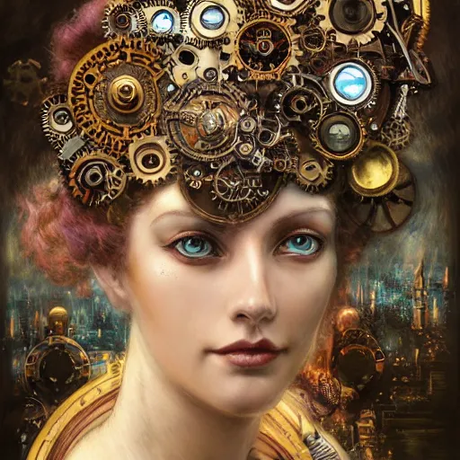 Image similar to A steampunk beautiful goddess, she half human and half android, she is embellished with gears wheels and gemstones, by William Holman Hunt, Greg Rutkowski, Stanely Artgerm, Tooth Wu, Peter Gric, Aaron Horkey, trending on Artstation, digital art, mythological, symmetrical artwork, cinematic lighting, hyper realism, high detail, octane render, ultra realistic, golden ratio, 4k, 8k