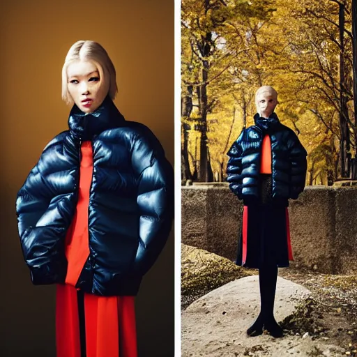 Image similar to realistic photoshooting for a new balenciaga lookbook, color film photography, portrait of a blonde asian woman, model wearing a puffer jacket, photo in style of tyler mitchell, 3 5 mm,