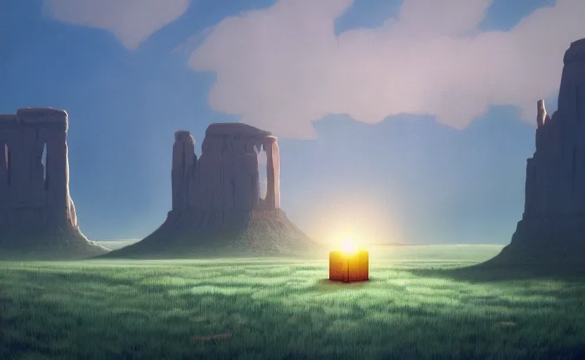 Image similar to hyperrealist painting of a cube inside a giant transparent bubble from howl's moving castle ( 2 0 0 4 ) in a flooded monument valley stonehenge jungle. 1 9 7 0 s science fiction, moody, misty, depth perception, 4 k, artstation, in the style of studio ghibli