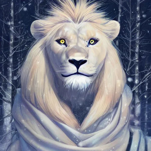 Prompt: aesthetic half body portrait commission of a albino male furry anthro lion wearing a Kimono, detailed face , hyperdetailed, snowy winter atmosphere. Character design by charlie bowater, ross tran, artgerm, and makoto shinkai, detailed, inked, western comic book art, 2021 award winning painting