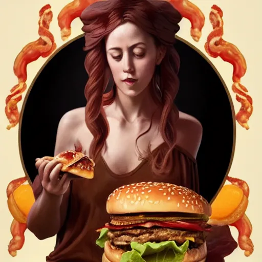 Prompt: detailed full body concept art illustration oil painting of Jena Malone eating hamburgers, extra ketchup, bacon lettuce and tomatos, oriental art nouveau, frock, mid body, radiant halo of light, black gold smoke ink, woman covered in bacon and cheese, peter mohrbacher, artgerm