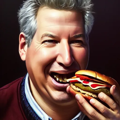 Image similar to portrait of a Marc Summers eating a hamburger, extra onions and ketchup, luscious patty with sesame seeds, masculine, handsome, D&D, fantasy, intricate, elegant, highly detailed, digital painting, artstation, concept art, matte, sharp focus, illustration, art by Artgerm and Greg Rutkowski and Alphonse Mucha