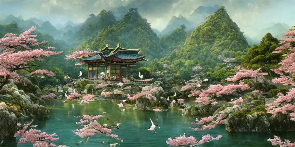 Prompt: it is a paradise with ancient chinese characteristics. it has a high degree of fantasy. cherry blossom forest, there are pavilions in the air, koi jumping in the air, and fairy birds and animals such as cranes and deer coexist with people. it is the life scene of the ancient people, a detailed matte painting by christophe vacher and albert bierstadt