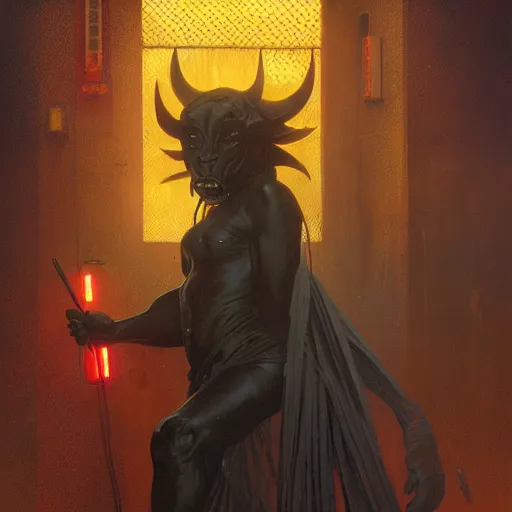 Image similar to menacing aggressive black creature made out of needles, archaic demon, in a gas station, aggressive fluorescent industrial lighting, extremely detailed digital matte painting buy Greg Rutkowski and Alphonse Mucha