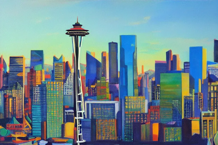 Image similar to !! oil painting!! seattle in a sunny day, artwork by tooth wu, colorful contrast,!!!! very coherent!!!!, dark shadow, thick lineart