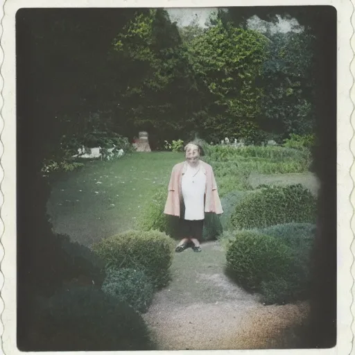 Prompt: woman standing in a french garden, unidentified being lurking behind her, bright summer day, washed out colors, polaroid