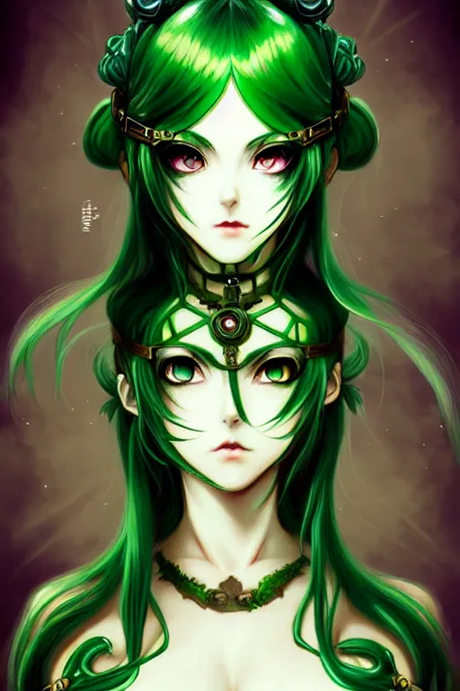 Image similar to beautiful green hair anime woman victorian dress, steampunk, fantasy, eerie, intricate details, pixiv, digital painting, artstation, concept art, 8 k, art by artgerm, loish and alohonse mucha and eiichiro oda symmetrical face symmetrical eyes