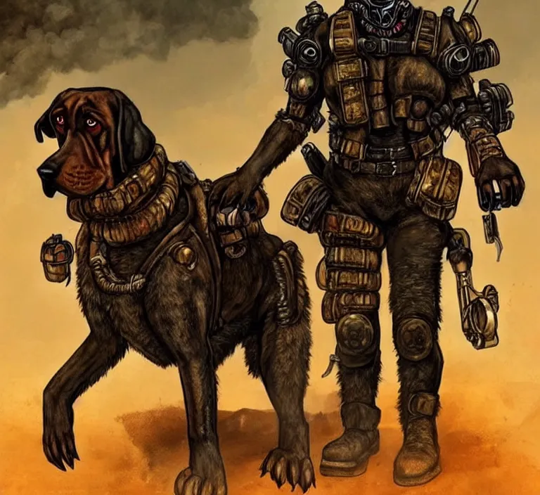 Prompt: a good ol'bloodhound dog fursona ( from the furry fandom ), heavily armed and armored facing down armageddon in a dark and gritty version from the makers of mad max : fury road. witness me.