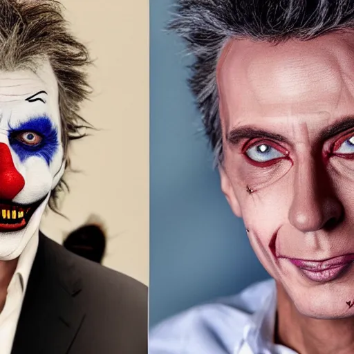 Prompt: Mauricio Macri in Elaborate Joker Makeup and prosthetics designed by Rick Baker, Hyperreal, Head Shots Photographed in the Style of Annie Leibovitz, Studio Lighting, Mauricio Macri with an angry cat in his hand n 6