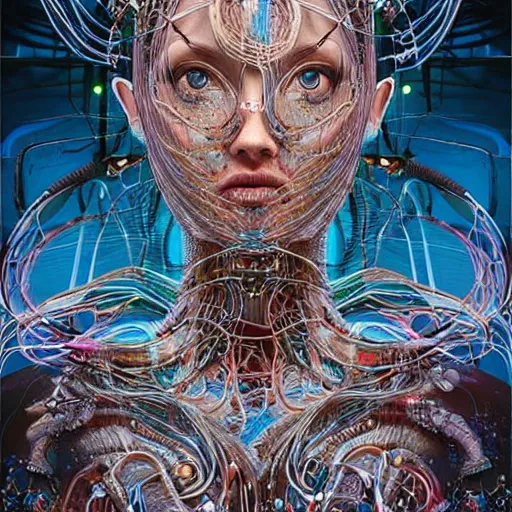 Image similar to beautifully stunning biopunk woman_integrating_with_technology_full_face_insipiring_detailed_intricate_ornate_cables_connected_to_head_big_open_electric_eyes_ the_singulairty is now rendered in unreal by android jones