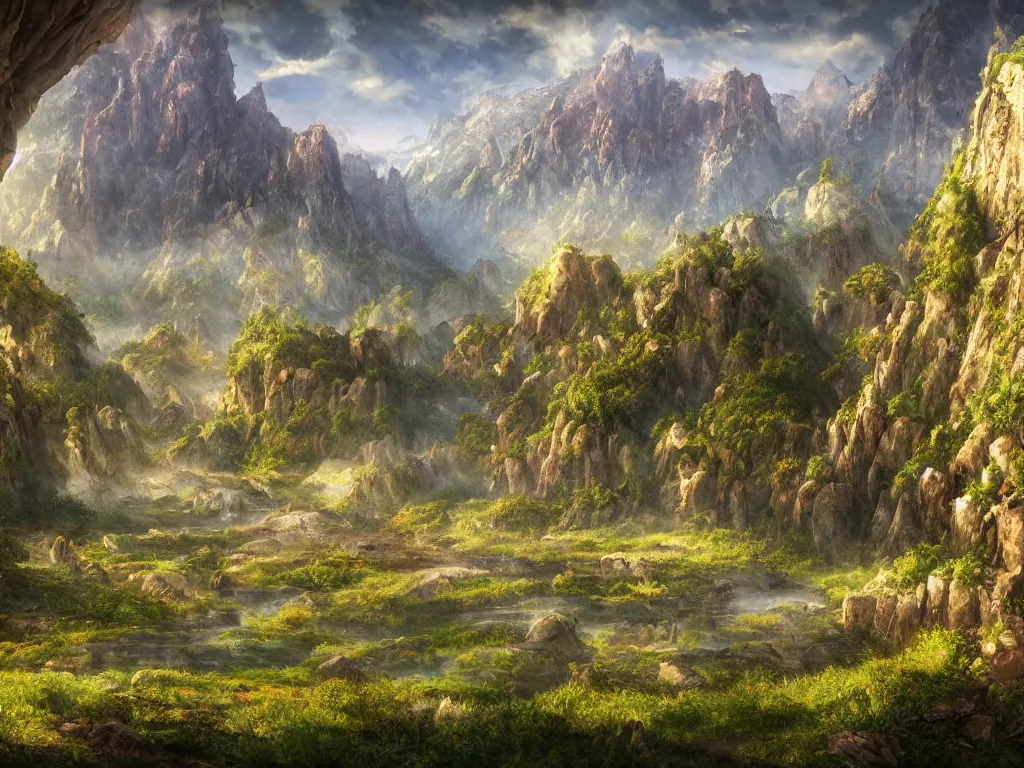 Prompt: a beautiful photorealistic picture of a valley from a fantasy world, inside which are beautiful nature, magnificent trees grow in the valley and mighty mountains in the background, highly detailed