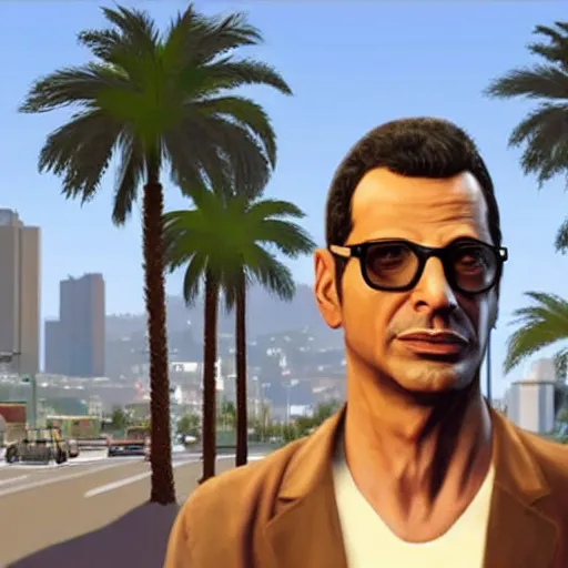 Image similar to Jeff Goldblum in GTA v. Los Santos in the background, palm trees. In the art style of Stephen Bliss