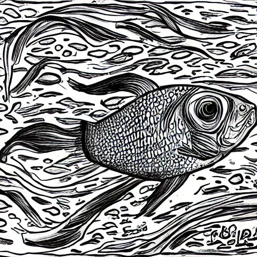 Image similar to hypercolorful goldfish in a confusing aquarium, surrealist drawing