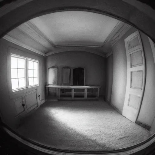 Image similar to fish eye lens, secret room upstairs, located above the family room behind the wall, clean, carpeted. accessible by secret entrance, comforting and familiar, organic, golden ratio, alive, only visited during dreams, where memories are stored but also forgotten only to be remembered again,