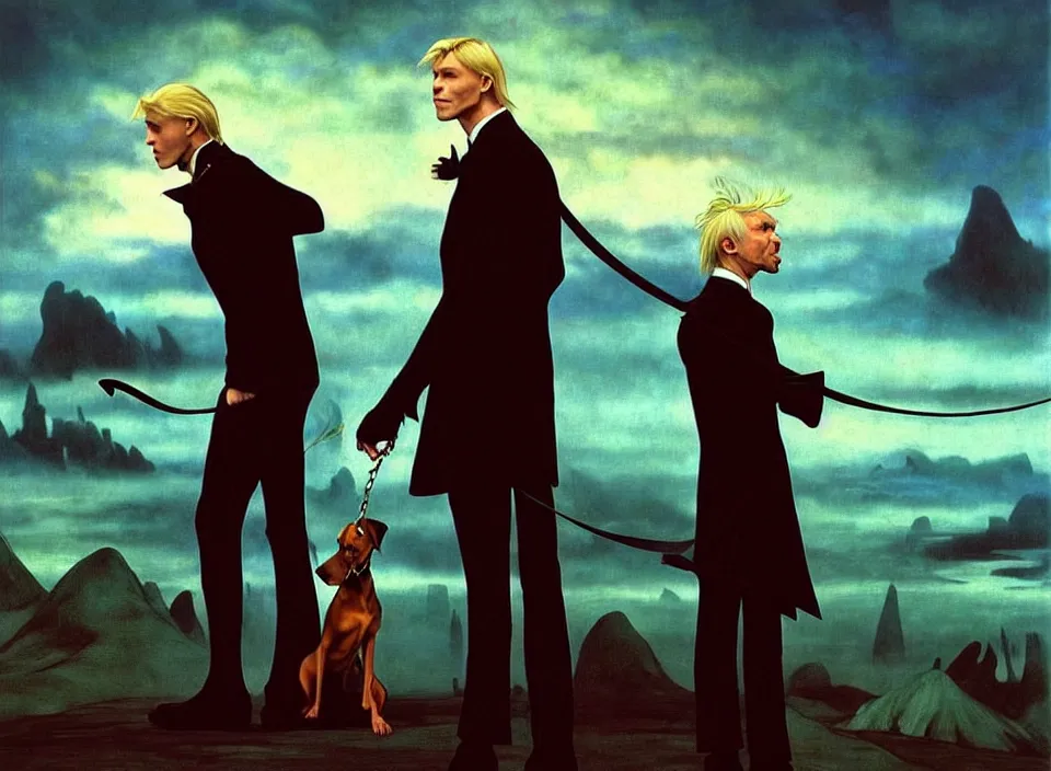 Image similar to realistic detailed portrait movie shot of an elegant blond male vampire with a doberman on a leash, sci fi landscape background by denis villeneuve, amano, yves tanguy, alphonse mucha, max ernst, caravaggio, roger dean, masterpiece, rich cold moody colours, dog teeth, blue eyes