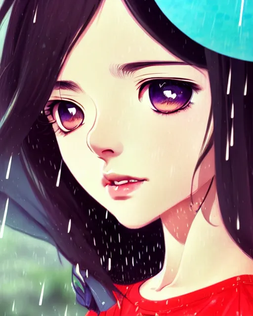 Image similar to cute girl in the rain. full shot | very very anime!!!, fine - face, audrey plaza, realistic shaded perfect face, fine details. anime. realistic shaded lighting poster by ilya kuvshinov katsuhiro otomo ghost, magali villeneuve, artgerm, jeremy lipkin and michael garmash and rob rey