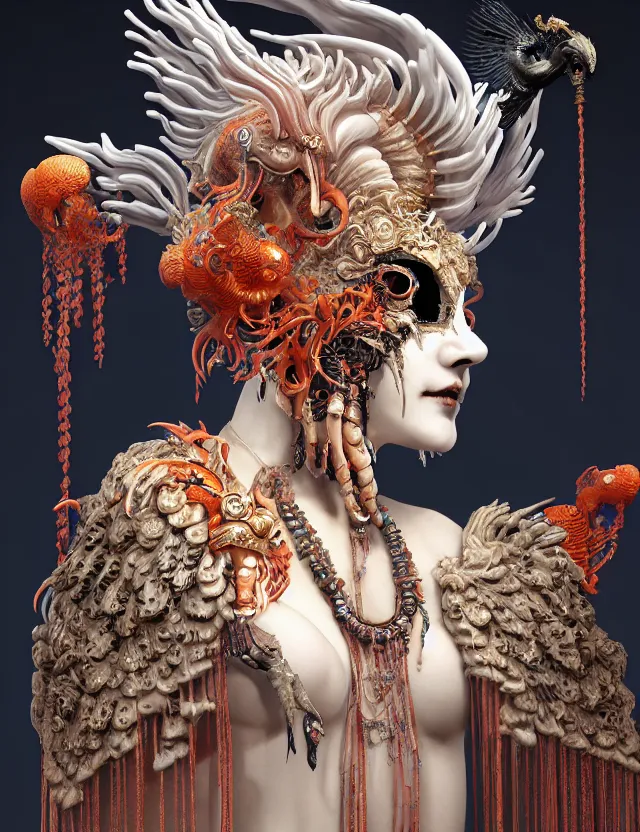 Image similar to 3 d goddess of hell close - up profile portrait with ram skull. beautiful intricately detailed japanese crow kitsune mask and clasical japanese kimono. betta fish, jellyfish phoenix, bio luminescent, plasma, ice, water, wind, creature, artwork by tooth wu and wlop and beeple and greg rutkowski