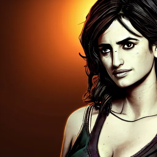 Image similar to penelope cruz portrait, borderlands, tales from the borderlands, the wolf among us, comic, cinematic lighting, studio quality, 8 k