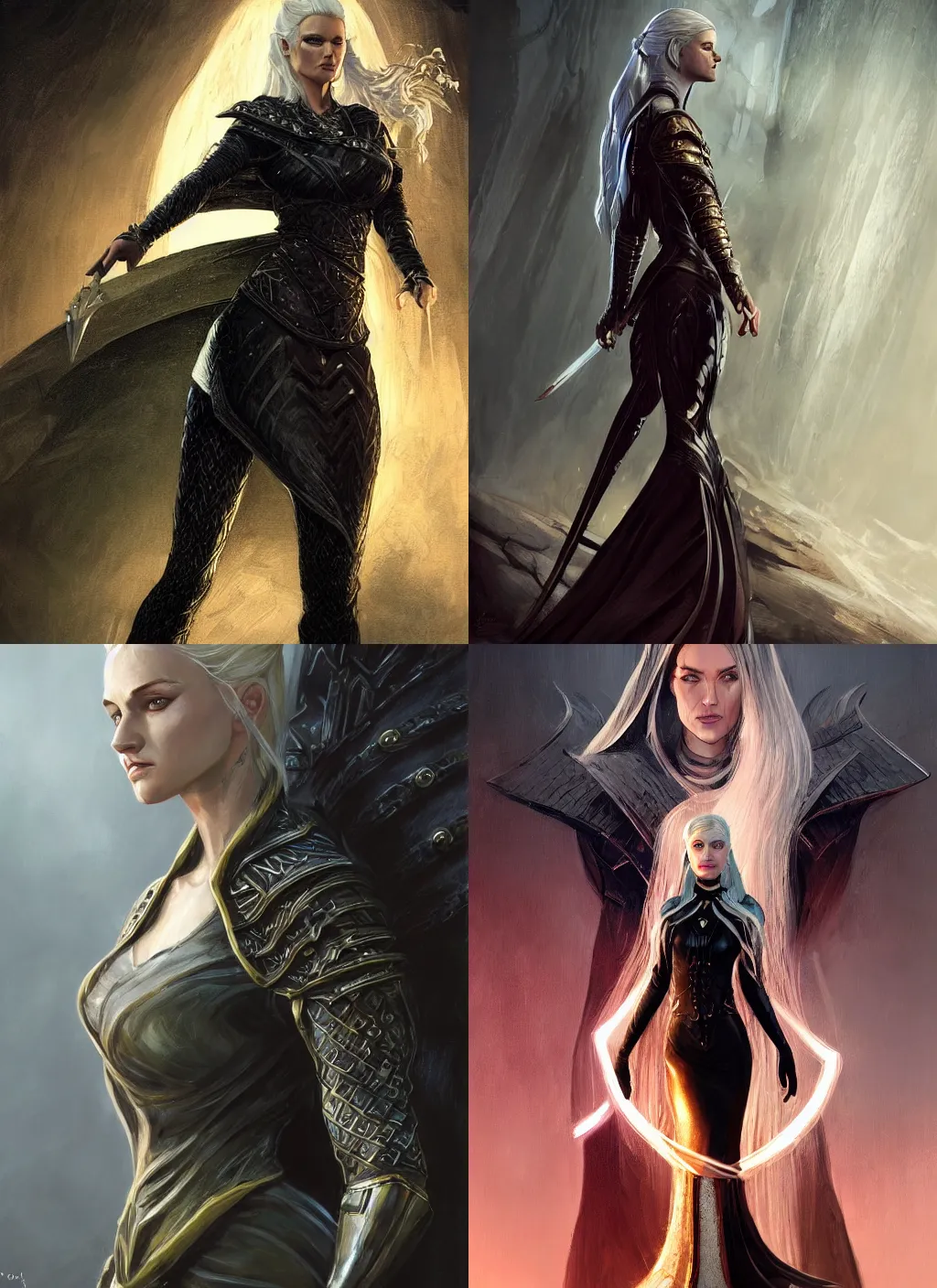 Prompt: a serious looking woman wearing a glossy black dess shaped like a chess piece, chess motiffs, blonde braided hair. fantasy concept art. moody epic painting by james gurney, and jeff easley. artstationhq. painting with vivid color. ( dragon age, witcher 3, lotr )