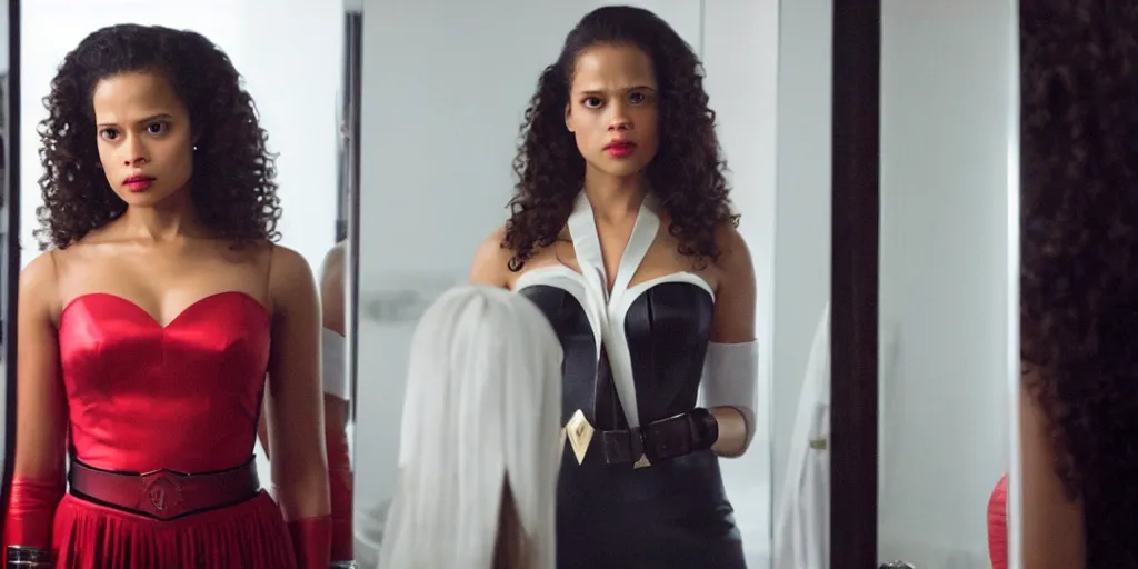 Image similar to ultra wide angle photo of gugu mbatha - raw dressed in a white blouse and black dress pants as diana prince looking at herself in a bathroom mirror and seeing her reflection as wonder woman