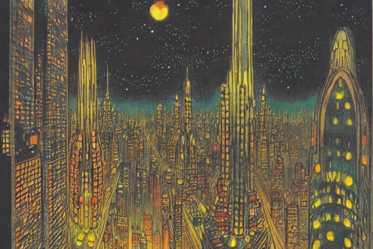 Prompt: a scifi illustration, Night City on Coruscant by Louis Wain (1920)