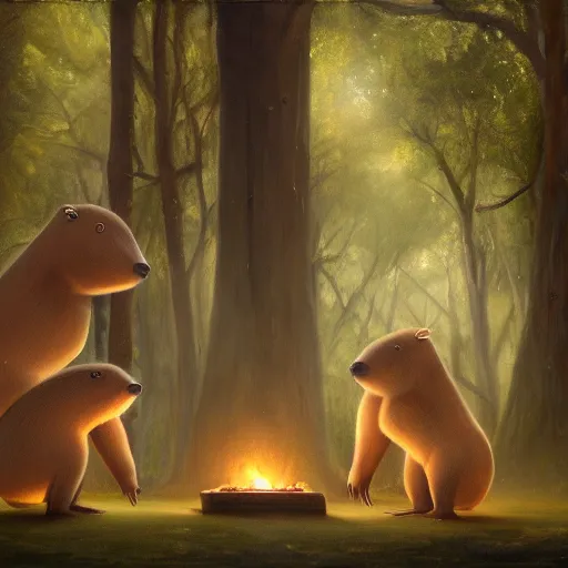 Image similar to capybaras performing a magic ritual in a mystical forest, oil painting, cinematic scene, trending on Artstation, award-winning, visually stunning, studio lighting