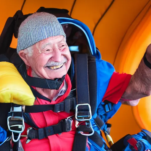 Image similar to elderly man skydiving over a volcano, smiling, happy, volcano, hot, eruption, magma, lava, canon eos r 3, f / 1. 4, iso 2 0 0, 1 / 1 6 0 s, 8 k, raw, unedited, symmetrical balance, wide angle