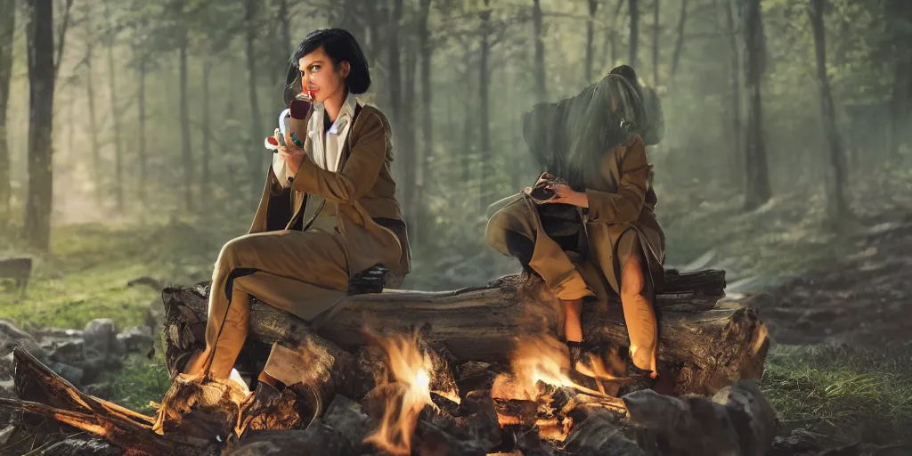 Prompt: A girl with short black hair and green eyes in a tan trenchcoat sitting on a log and drinking tea by the campfire by her motorcycle at night under the stars, elegant scene, wide angle, cinematic lighting, atmospheric, ultrarealistic, trending on artstation, cgsociety, highly detailed, color graded, in the style of craig mullins, rendered in Unreal Engine 4k HQ, horizon forbidden west