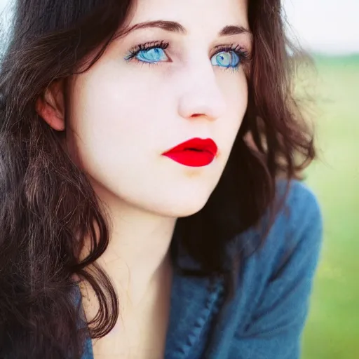 Prompt: A close up of a woman's face, mid-twenties, staring directly into the camera. She has bright blue eyes and long dark hair. Her skin is pale . She is wearing a red lipstick. ektar 100