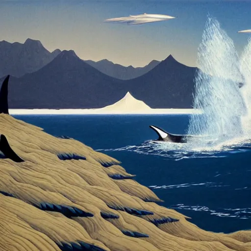 Image similar to a Killer Whale erupts from a turbulent ocean, in the background we see mountains and blue skies, by Chesley Bonestell, as featured on artstation, 3D