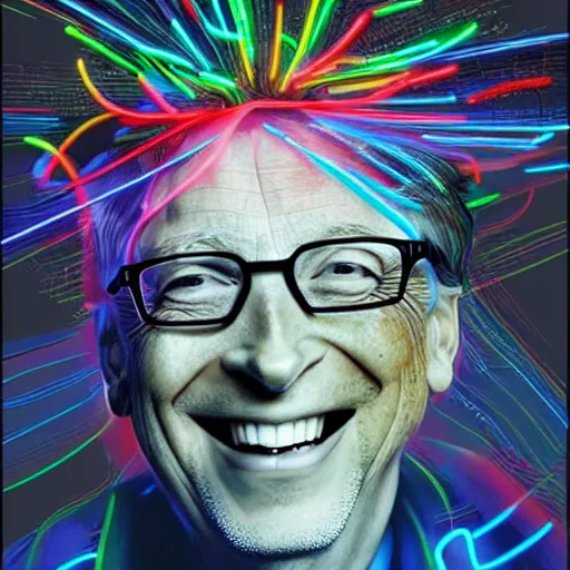 Image similar to bill gates laughing in apple costume, digital illustration by ruan jia on artstation, outlined by whirling illuminated neon lines and fine lines swirling in circles by jesper ejsing and rhads and makoto and shinkai and lois van baarle, digital art, trending on artstation - h 8 3 2