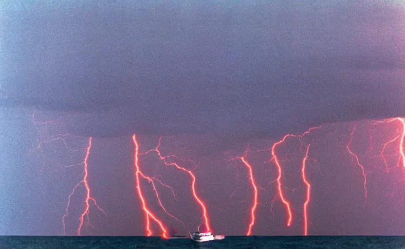 Image similar to small boat caught in a storm, red lightnings, tornado, 1995 photo