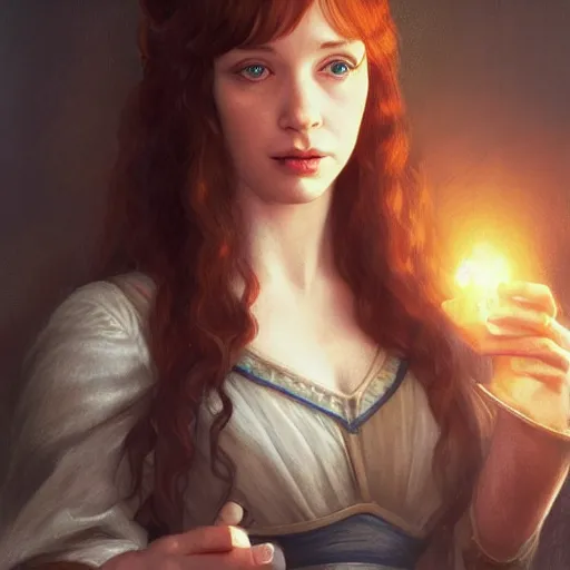 Image similar to sad young christina hendricks in a tavern, holding a small roung mirror, surprised expression on her face, she is surprised, warhammer, lord of the rings, intricate, highly detailed, digital painting, artstation, concept art, smooth, sharp focus, illustration, unreal engine 5, 8 k, art by artgerm and greg rutkowski and alphonse mucha