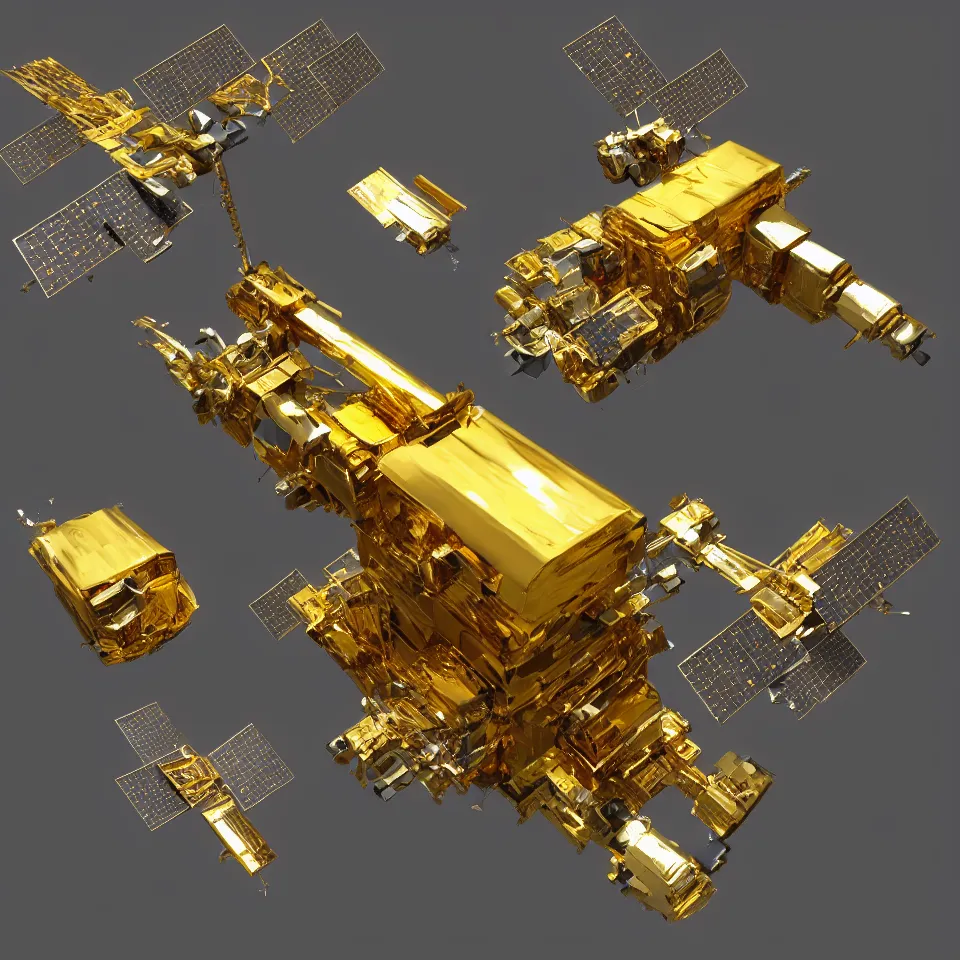 Prompt: gold plated space satellite with miniguns art, smooth, crisp sharp focus, simple draft aaa unreal artstation