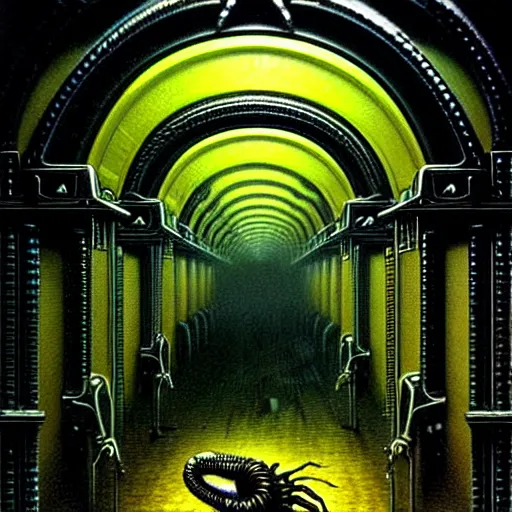 Image similar to black glossy xenomorph, alien movie, endless abandoned office cubicles, pale yellow wallpaper, moist brown carpet, dim fluorescent lighting, artstation, ultra detailed, creepy, dramatic lighting, photorealistic, art by h. r. giger and chris foss and beksinski carl spitzweg. baroque elements. baroque element. intricate artwork by caravaggio.