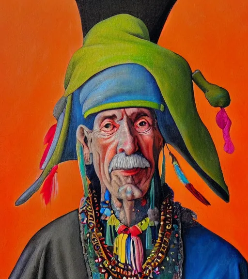 Image similar to Portrait painting in a style of Hieronim Bosch of an old shaman dressed in a colorful traditional clothes.