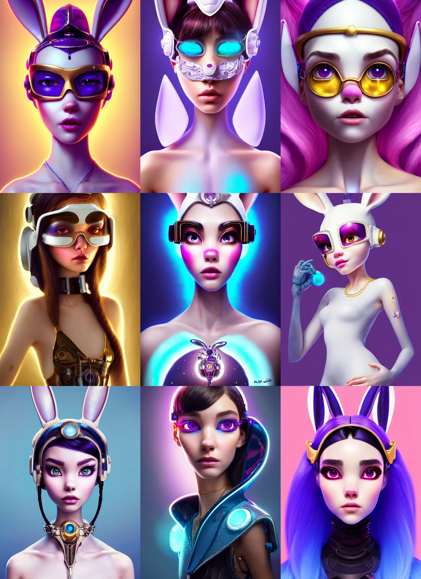 Prompt: pixar portrait 8 k photo, beautiful white avatar bunny clowncore madison beer cyborg woman, golden ratio jewelry candy, sci - fi, fantasy, cyberpunk, intricate, visor, elegant, highly detailed, digital painting, ever after high, octane render, artstation, concept art, smooth, sharp focus, illustration, art by artgerm, loish, wlop