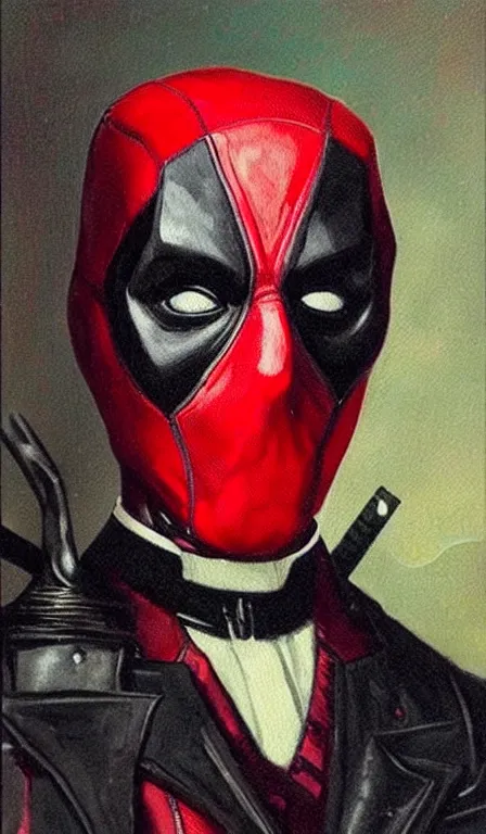 Image similar to oil painting of victorian deadpool created by james jean, vincent van gogh, michaelangelo, fantasy, portrait, highly detailed, large brush strokes